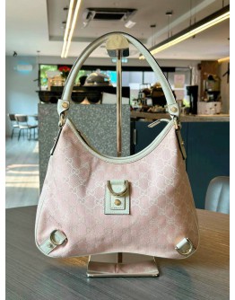 GUCCI ABBEY D-RING SHOULDER BAG IN POWDER PINK GG CANVAS & IVORY CALF LEATHER