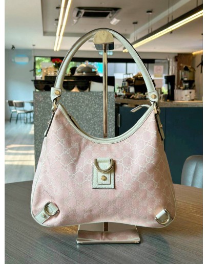 GUCCI ABBEY D-RING SHOULDER BAG IN POWDER PINK GG CANVAS & IVORY CALF LEATHER