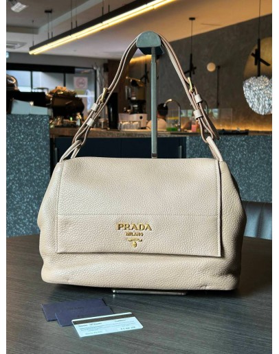 PRADA VITELLO DAINO FLAP SHOULDER BAG IN SOFT BEIGE