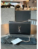 YSL YVES SAINT LAURENT MEDIUM KATE IN BLACK GRAINED POUDRE LEATHER WITH SILVER HARDWARE