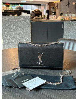 YSL YVES SAINT LAURENT MEDIUM KATE IN BLACK GRAINED POUDRE LEATHER WITH SILVER HARDWARE
