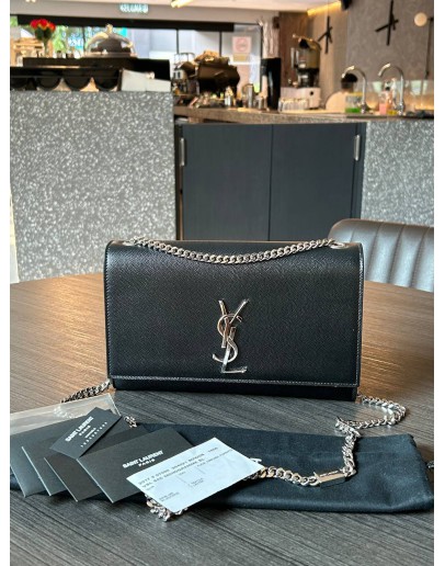YSL YVES SAINT LAURENT MEDIUM KATE IN BLACK GRAINED POUDRE LEATHER WITH SILVER HARDWARE