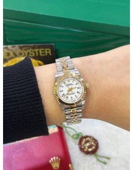 ROLEX OYSTER PERPETUAL LADY REF 76193 HALF 18K 750 YELLOW GOLD WHITE DIAL ROMAN NUMBERALS 26MM AUTOMATIC WATCH