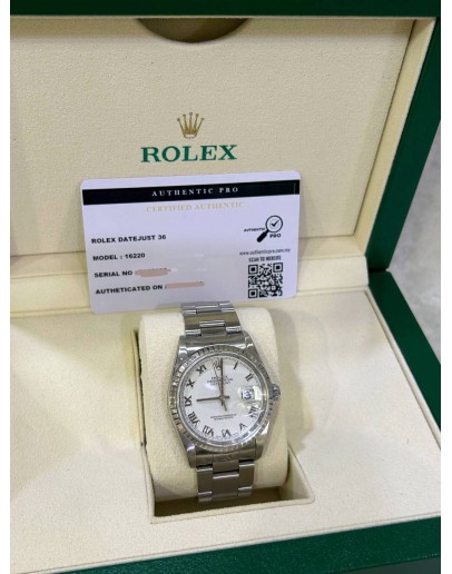 ROLEX DATEJUST 36 REF 16220 WHITE DIAL ROMAN NUMBERALS 36MM AUTOMATIC WATCH