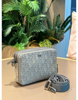 CHRISTIAN DIOR ZIPPED POUCH WITH STRAP IN GREY DIOR OBLIQUE JACQUARD CANVAS