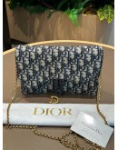 CHRISTIAN DIOR SADDLE CHAIN POUCH IN BLUE DIOR OBLIQUE JACQUARD CANVAS