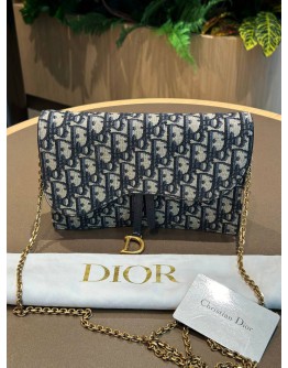 CHRISTIAN DIOR SADDLE CHAIN POUCH IN BLUE DIOR OBLIQUE JACQUARD CANVAS