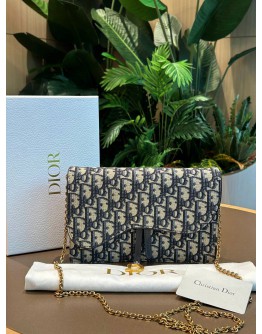CHRISTIAN DIOR SADDLE CHAIN POUCH IN BLUE DIOR OBLIQUE JACQUARD CANVAS