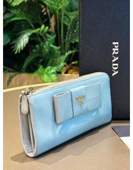 PRADA POWDER BLUE SAFFIANO BOW WALLET  