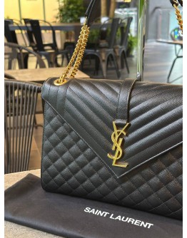 YSL YVES SAINT LAURENT LARGE ENVELOPE FLAP CHAIN BAG IN BLACK GRAINED CALF LEATHER