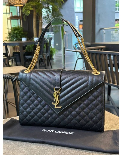 YSL YVES SAINT LAURENT LARGE ENVELOPE FLAP CHAIN BAG IN BLACK GRAINED CALF LEATHER