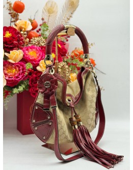 GUCCI INDY MEDIUM BAMBOO TOP HANDLE & SHOULDER BAG IN BEIGE GG CANVAS & RED PYTHON LEATHER