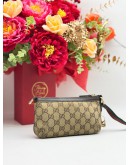 GUCCI WEB SHERRY LINE POUCH IN BEIGE GG CANVAS & DARK BROWN CALFSKIN LEATHER