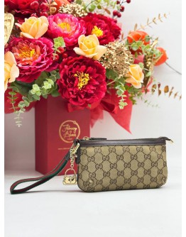 GUCCI WEB SHERRY LINE POUCH IN BEIGE GG CANVAS & DARK BROWN CALFSKIN LEATHER