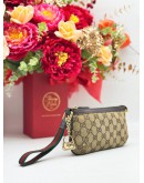 GUCCI WEB SHERRY LINE POUCH IN BEIGE GG CANVAS & DARK BROWN CALFSKIN LEATHER