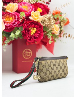 GUCCI WEB SHERRY LINE POUCH IN BEIGE GG CANVAS & DARK BROWN CALFSKIN LEATHER