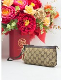 GUCCI WEB SHERRY LINE POUCH IN BEIGE GG CANVAS & DARK BROWN CALFSKIN LEATHER