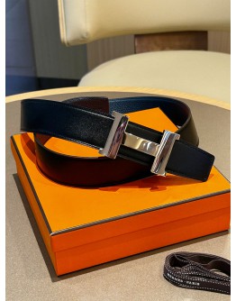HERMES CONSTANCE H BUCKLE REVERSIBLE BELT IN BLACK & DARK BLUE