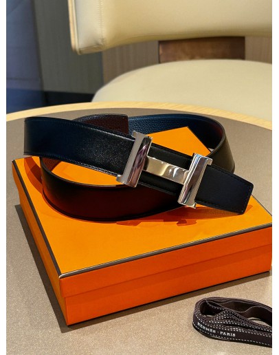 HERMES CONSTANCE H BUCKLE REVERSIBLE BELT IN BLACK & DARK BLUE