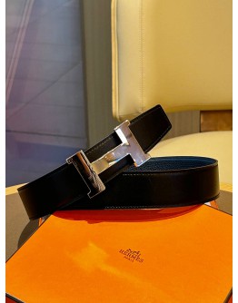 HERMES CONSTANCE H BUCKLE REVERSIBLE BELT IN BLACK & DARK BLUE