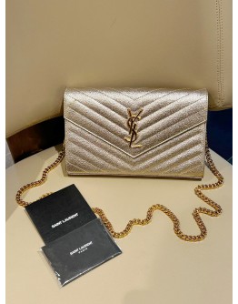 YSL YVES SAINT LAURENT CASSANDRE GRAINED CALF LEATHER ENVELOPE WOC WALLET ON CHAIN   