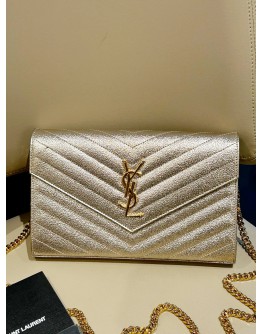 YSL YVES SAINT LAURENT CASSANDRE GRAINED CALF LEATHER ENVELOPE WOC WALLET ON CHAIN   