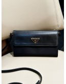 PRADA BLACK NYLON & LEATHER LOGO FLAP WALLET ON STRAP  