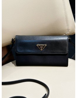 PRADA BLACK NYLON & LEATHER LOGO FLAP WALLET ON STRAP  