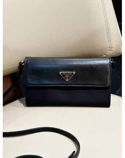 PRADA BLACK NYLON & LEATHER LOGO FLAP WALLET ON STRAP  