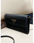 PRADA BLACK NYLON & LEATHER LOGO FLAP WALLET ON STRAP  