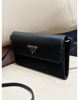 PRADA BLACK NYLON & LEATHER LOGO FLAP WALLET ON STRAP  