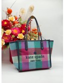 KATE SPADE ELLA TOTE SHOULDER BAG IN MULTICOLOR CANVAS & DARK BLUE CALFSKIN LEATHER