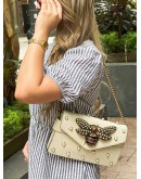 GUCCI NAPPA PEARL STUDDED QUEEN MARGARET BOARD-WAY BEE SHOULDER CHAIN BAG IN OFF WHITE