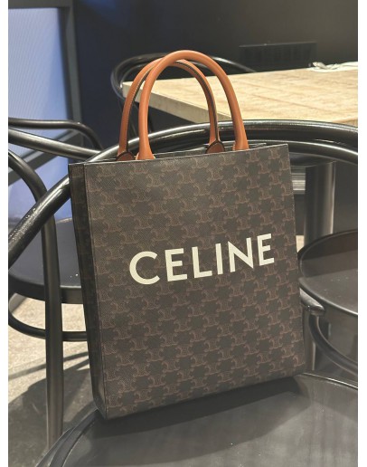 CELINE SMALL VERTICAL CABAS TOTE HANDLE BAG IN TRIOMPHE CANVAS & LEATHER WITH STRAP