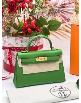 HERMES MINI KELLY 20 IN VERT COMICS CHEVRE MYROSE WITH GOLD HARDWARE