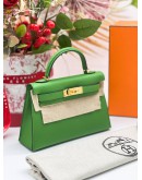 HERMES MINI KELLY 20 IN VERT COMICS CHEVRE MYROSE WITH GOLD HARDWARE