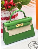 HERMES MINI KELLY 20 IN VERT COMICS CHEVRE MYROSE WITH GOLD HARDWARE