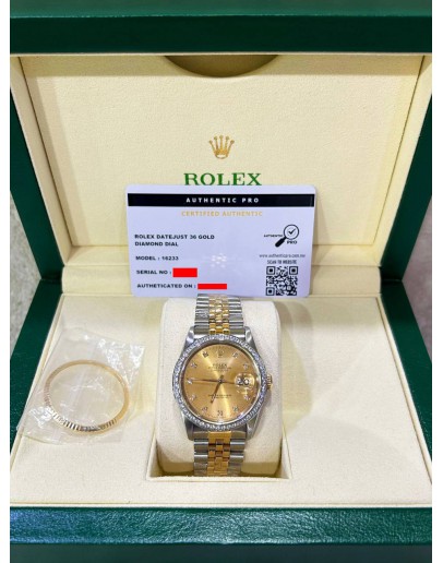 ROLEX DATEJUST 36 HALF 18K 750 YELLOW GOLD DIAMOND JUBILEE REF 16233 GOLD CHAMPAGNE DIAMONDS DIAL 36MM AUTOMATIC WATCH