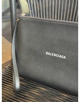 BALENCIAGA WHITE LOGO PRINT & BLACK LEATHER CLUTCH WITH WRIST STRAP