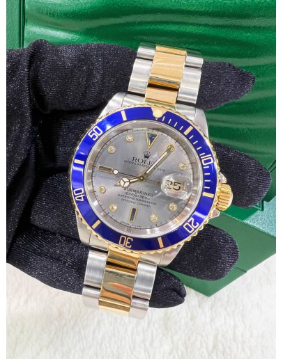 ROLEX SUBMARINER REF 16613 DATE BLUE DIAMOND ICE GREY DIAL 40MM AUTOMATIC WATCH