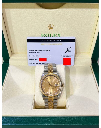 ROLEX DATEJUST 36 HALF 18K 750 YELLOW GOLD JUBILEE DIAMONDS REF 16233 CHAMPAGNE DIAMONDS DIAL 36MM AUTOMATIC WATCH
