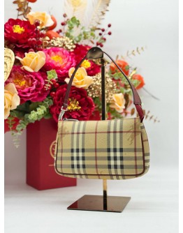 BURBERRY POUCH & SHOULDER BAG IN BEIGE HAYMARKET CHECK CANVAS & BURGUNDY CALFSKIN LEATHER
