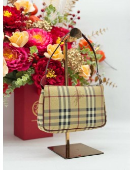 BURBERRY POUCH & SHOULDER BAG IN BEIGE HAYMARKET CHECK CANVAS & BURGUNDY CALFSKIN LEATHER