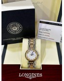 LONGINES PRIMALUNA DIAMOND HALF 18K 750 ROSE GOLD REF L8.112.5.89.6 MOTHER OF PEARL DIAL 30MM QUARTZ WATCH 