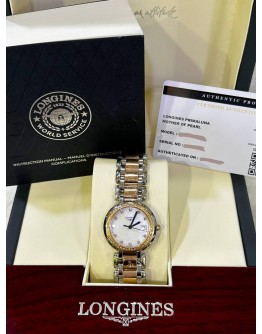 LONGINES PRIMALUNA DIAMOND HALF 18K 750 ROSE GOLD REF L8.112.5.89.6 MOTHER OF PEARL DIAL 30MM QUARTZ WATCH 