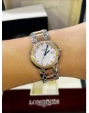 LONGINES PRIMALUNA DIAMOND HALF 18K 750 ROSE GOLD REF L8.112.5.89.6 MOTHER OF PEARL DIAL 30MM QUARTZ WATCH 