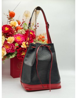 LOUIS VUITTON VINTAGE NOE BUCKET SHOULDER BAG IN BLACK EPI LEATHER & RED CALFSKIN LEATHER