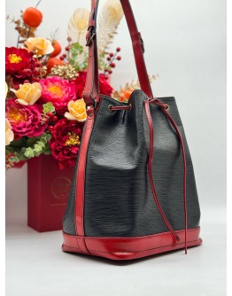 LOUIS VUITTON VINTAGE NOE BUCKET SHOULDER BAG IN BLACK EPI LEATHER & RED CALFSKIN LEATHER