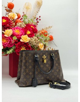 LOUIS VUITTON FLOWER TOTE TOP HANDLE & SHOULDER BAG IN BROWN MONOGRAM CANVAS & BLACK CALFSKIN LEATHER