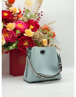 COACH WILLOW BUCKET SHOULDER BAG IN LIGHT BLUE & LIGHT GREY PEBBLED LEATHER